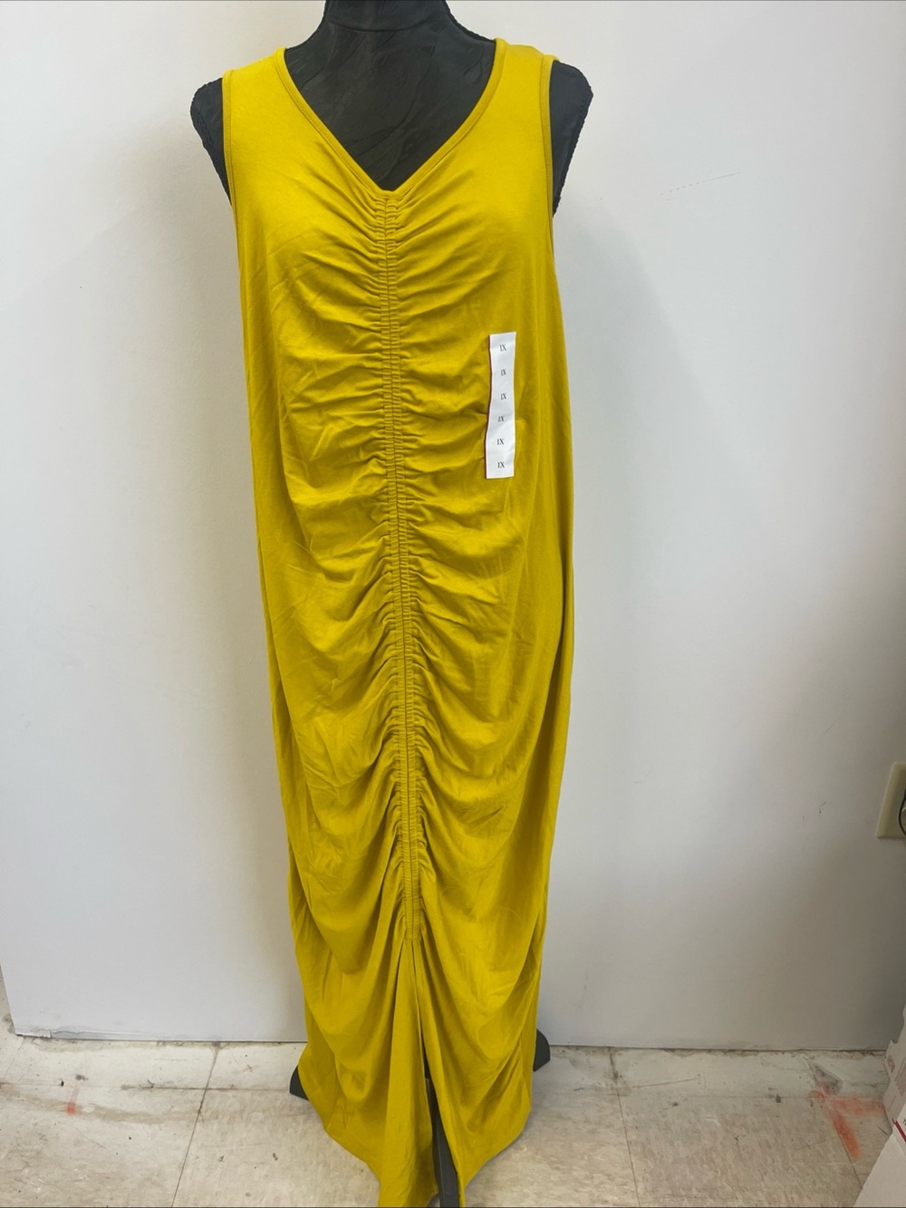 Ruched V-Neck Maxi Dress in Mustard Yellow
